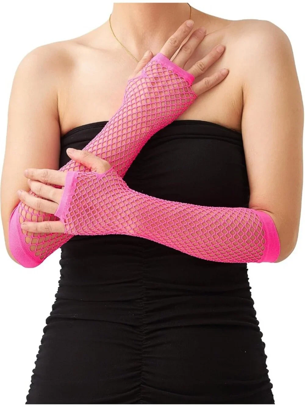Women's Pink Fishnet Fingerless Gloves Gothic Punk Emo 80s Scene Arm Sleeves